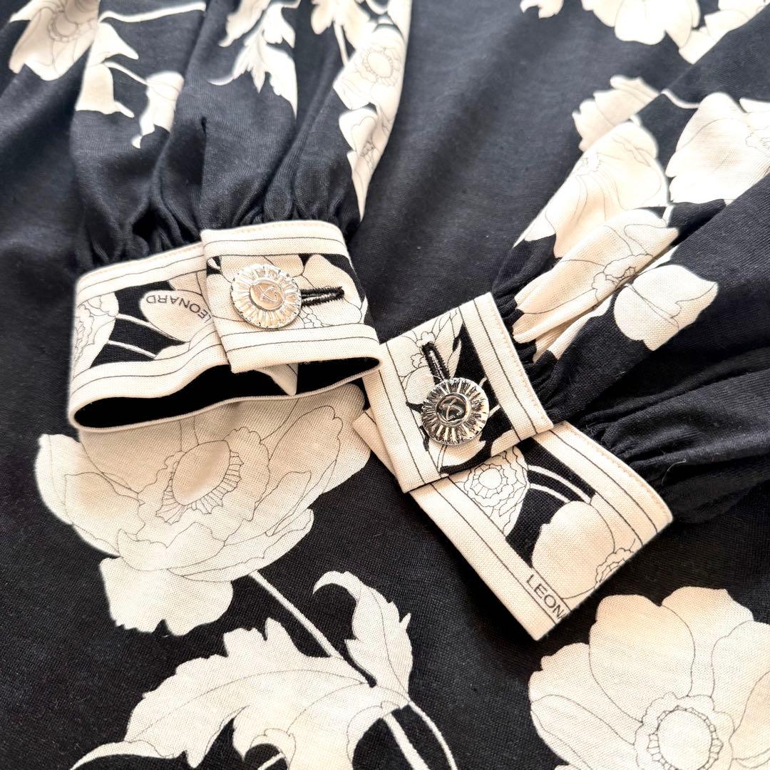 美品★レオナール シルクウール ロングワンピース 花柄トリム ブラック XL相当