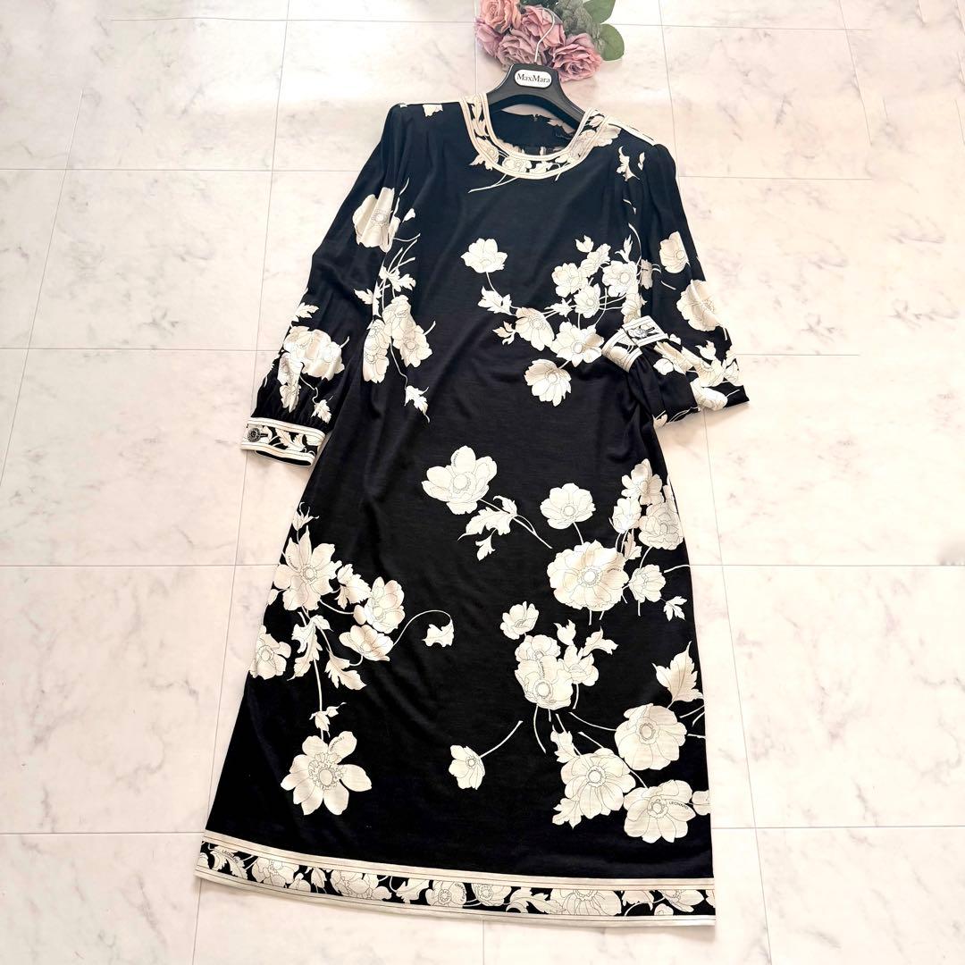 美品★レオナール シルクウール ロングワンピース 花柄トリム ブラック XL相当