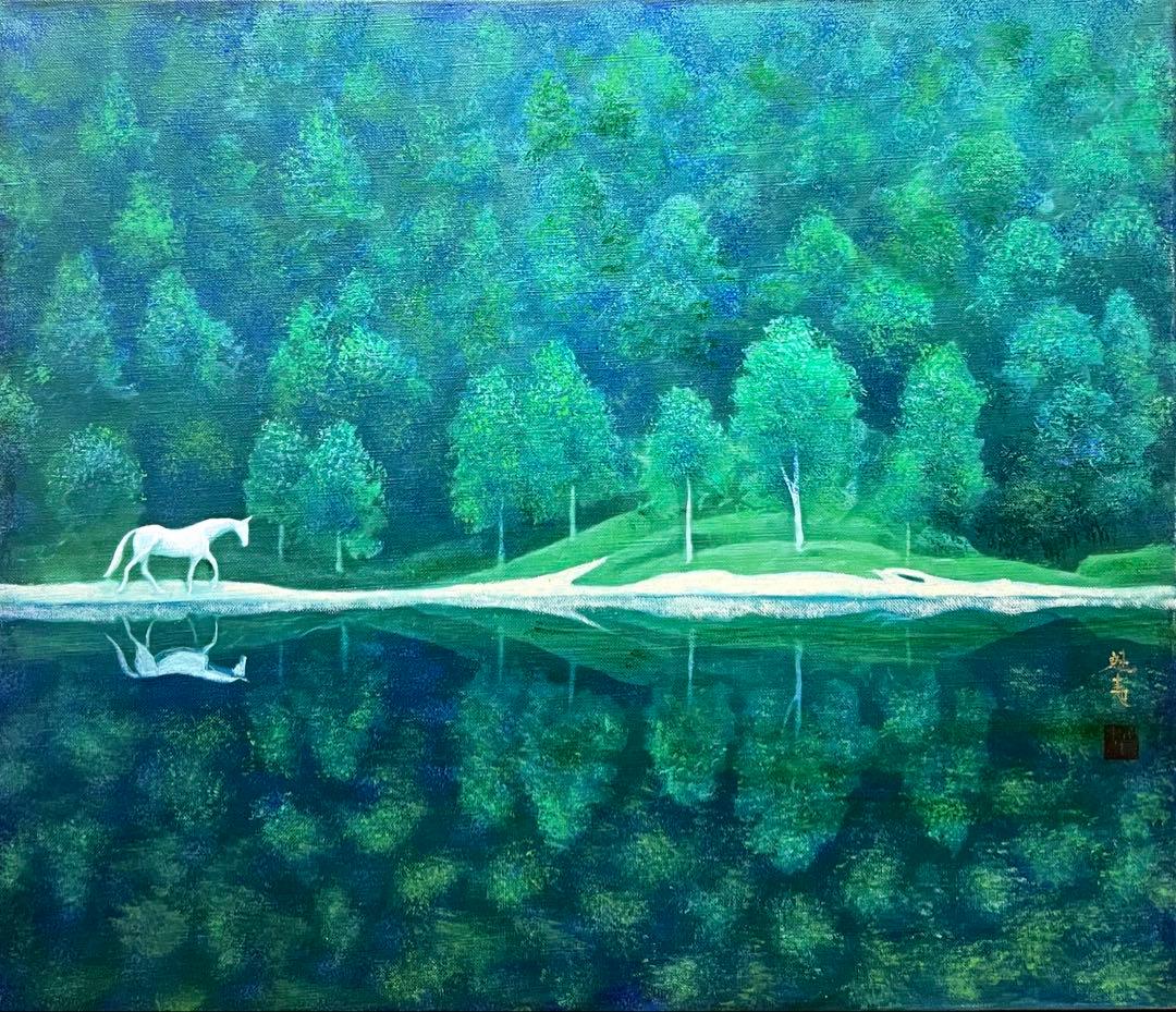 (F10号)東山魁夷【緑の詩】 肉筆/表サイン落款有/裏シール有/油彩/岩彩