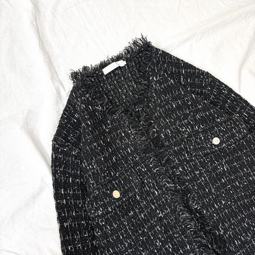 ICB ルレックスニットツイード カーディガンジャケット ブラック×シルバー L