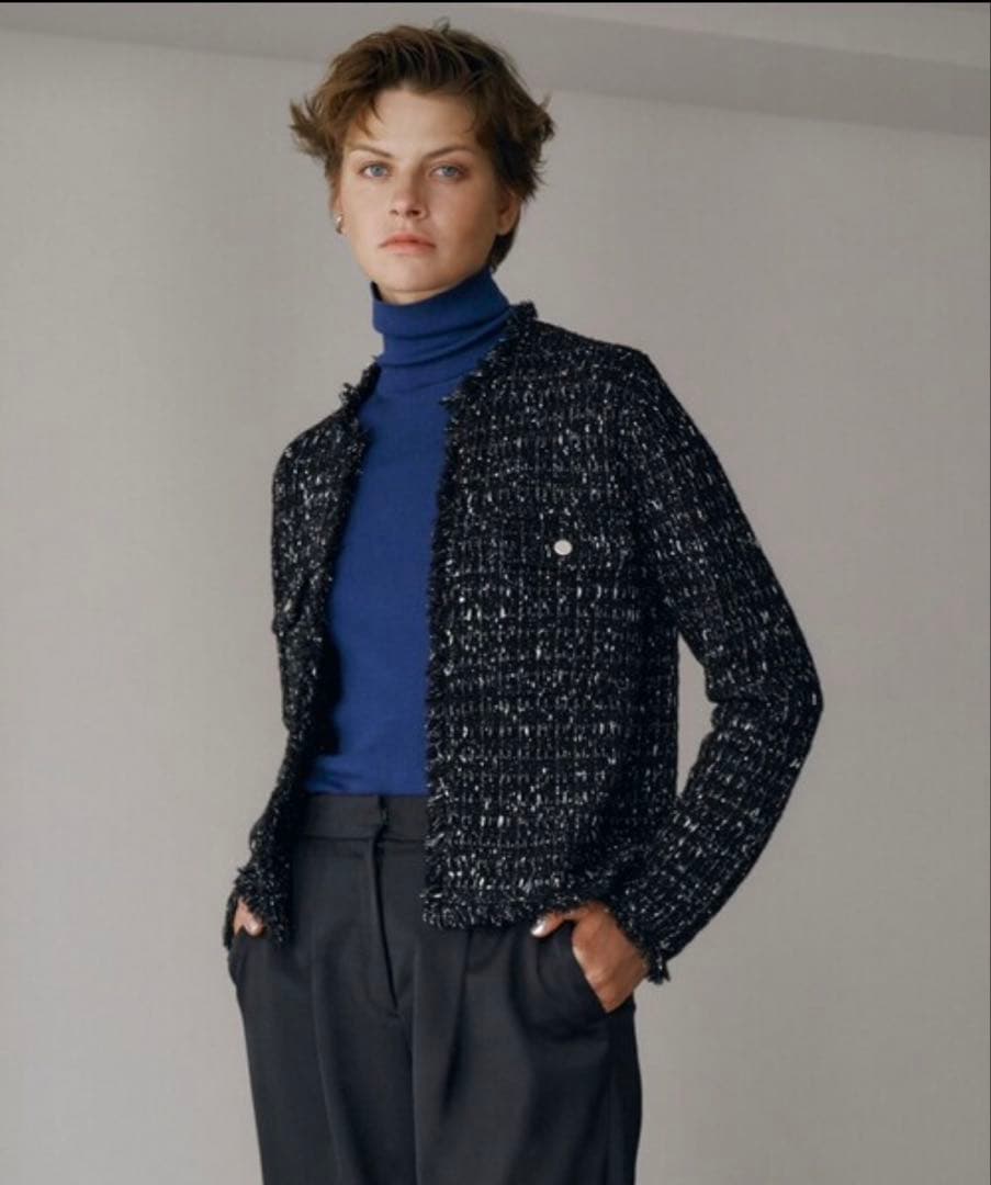 ICB ルレックスニットツイード カーディガンジャケット ブラック×シルバー L