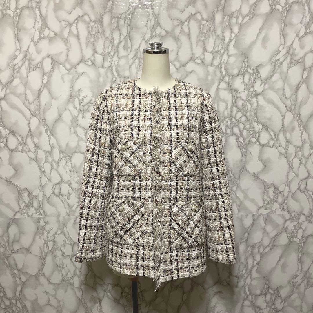 美品スペシャルアイテム　ANAYI ラメスラブツイード　ロングジャケット　パール