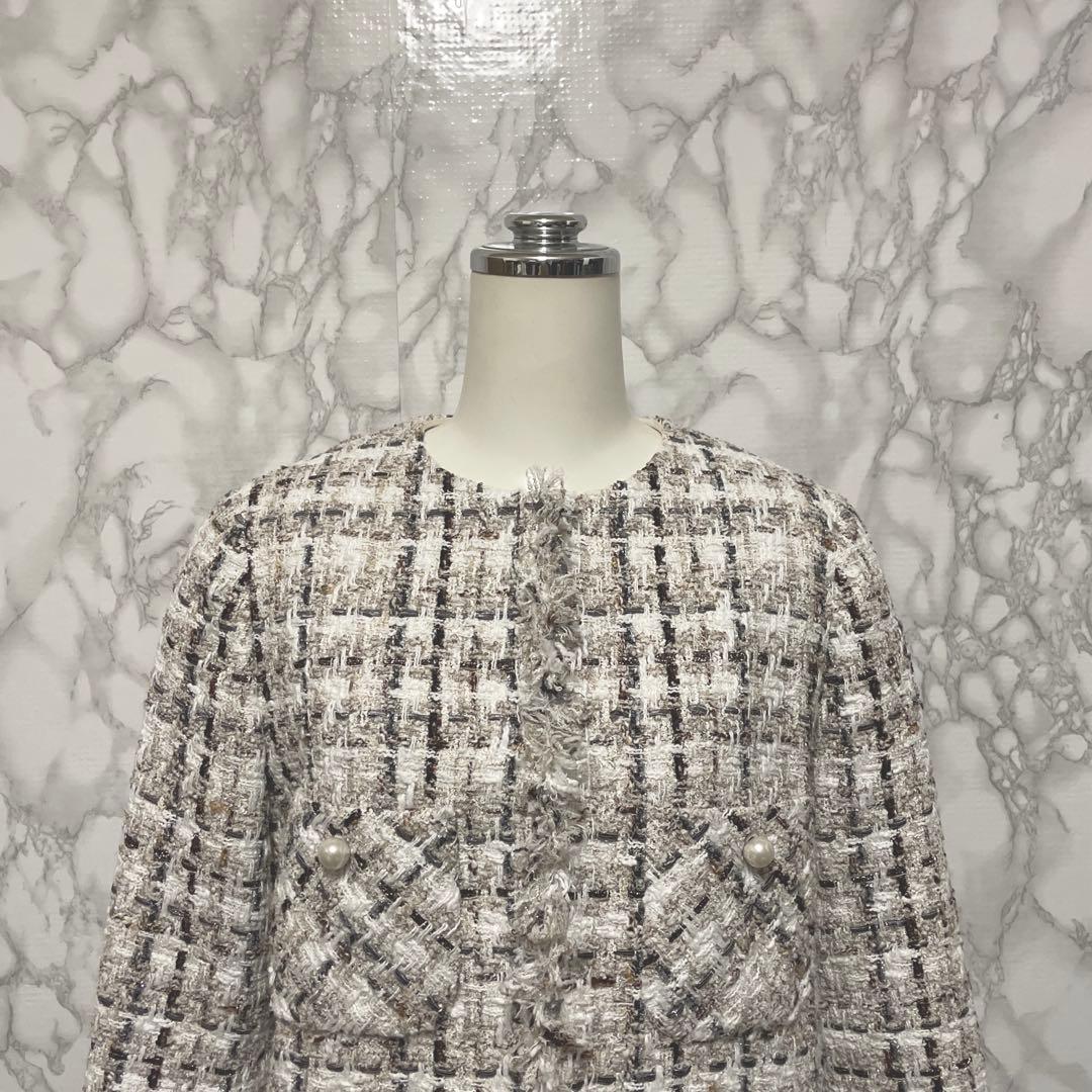 美品スペシャルアイテム　ANAYI ラメスラブツイード　ロングジャケット　パール