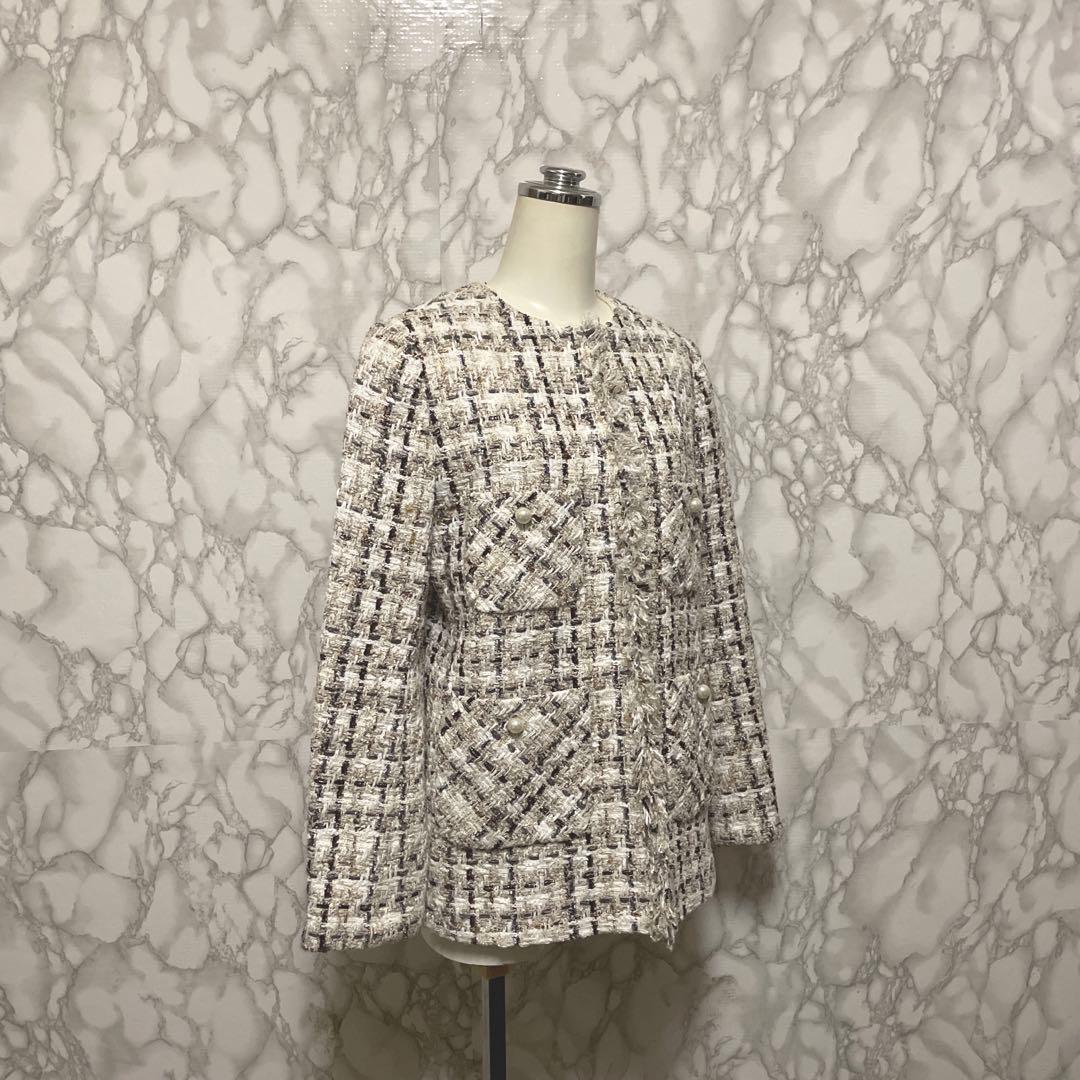 美品スペシャルアイテム　ANAYI ラメスラブツイード　ロングジャケット　パール