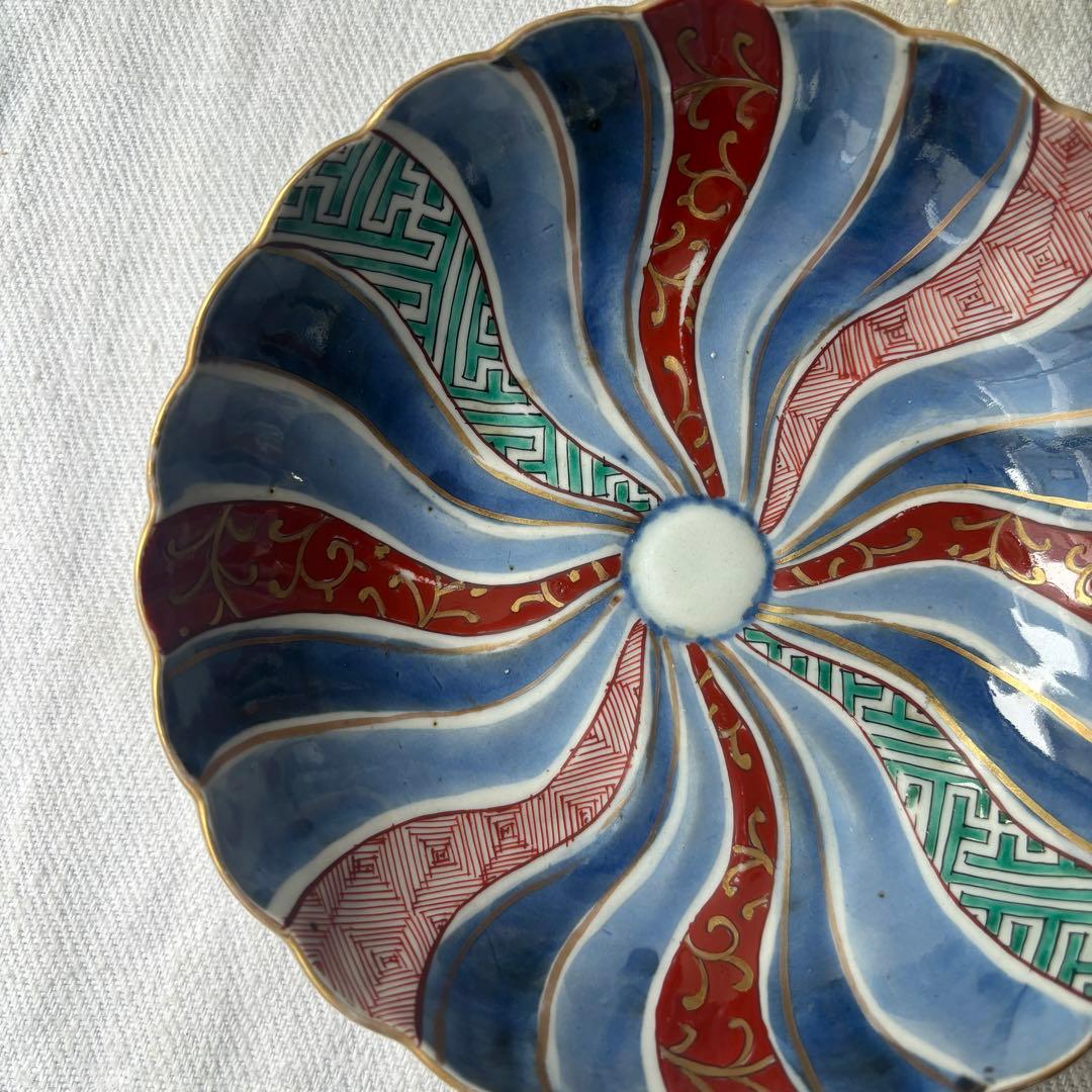 時代色絵伊万里　色鮮やかな染錦祥端捻じり模様なます皿　２点（骨董古伊万里古美術