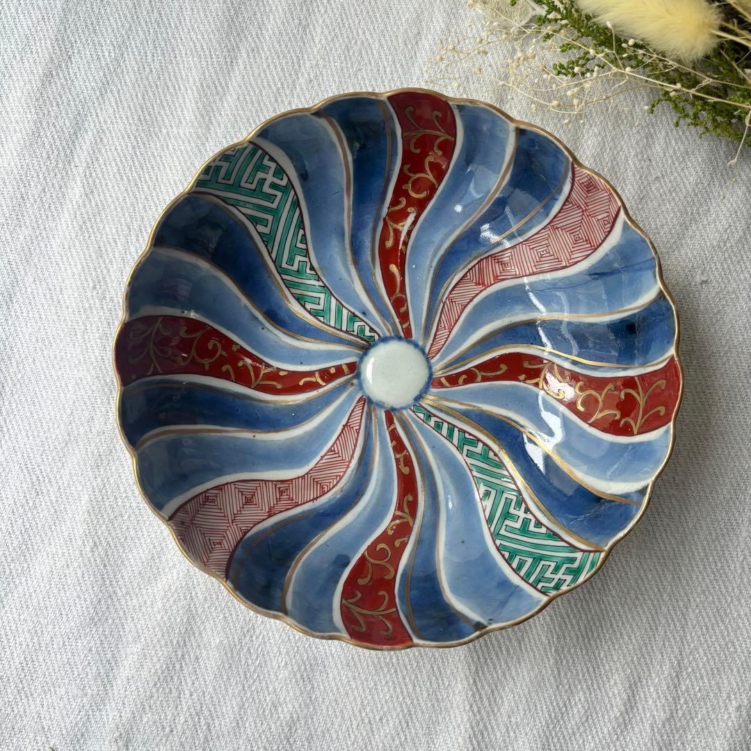 時代色絵伊万里　色鮮やかな染錦祥端捻じり模様なます皿　２点（骨董古伊万里古美術