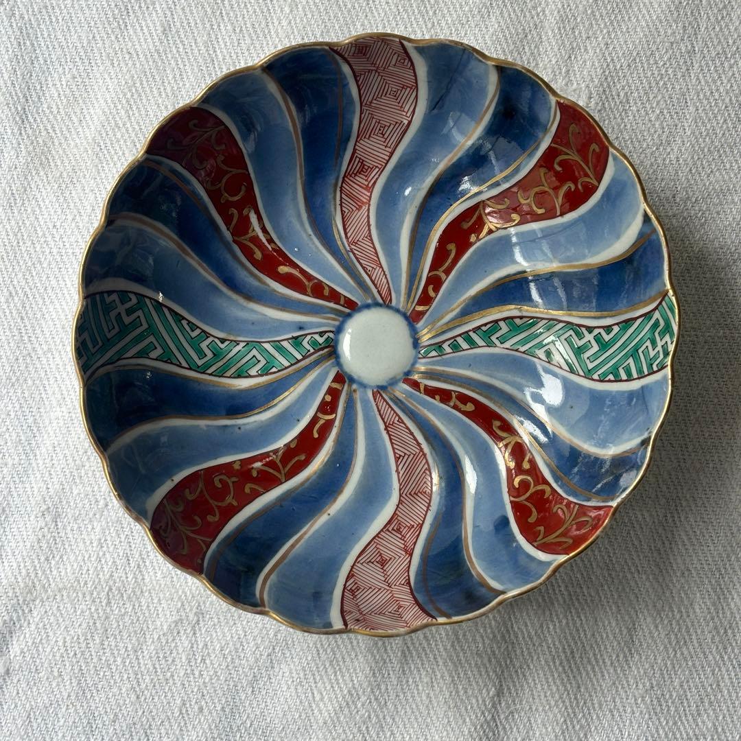 時代色絵伊万里　色鮮やかな染錦祥端捻じり模様なます皿　２点（骨董古伊万里古美術