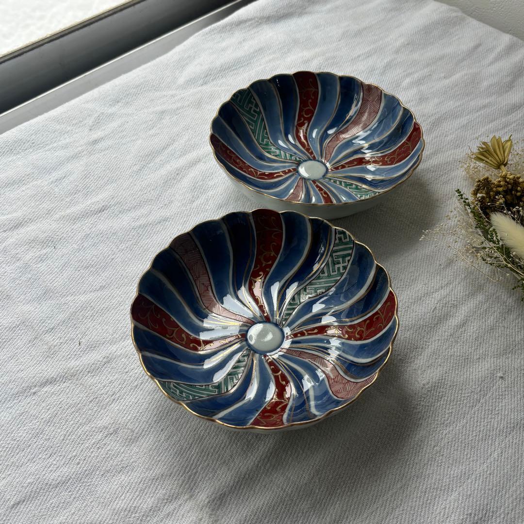時代色絵伊万里　色鮮やかな染錦祥端捻じり模様なます皿　２点（骨董古伊万里古美術