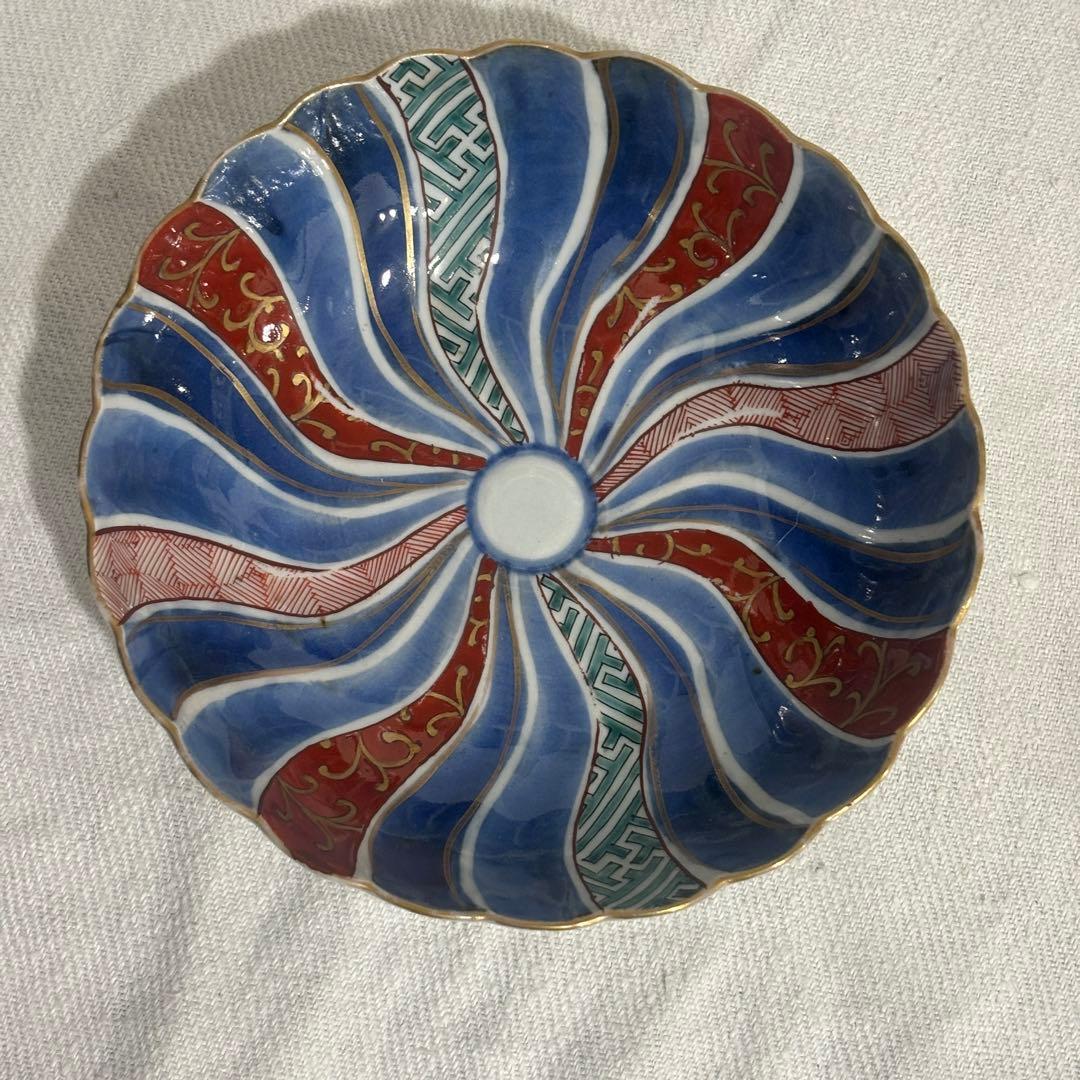 時代色絵伊万里　色鮮やかな染錦祥端捻じり模様なます皿　２点（骨董古伊万里古美術