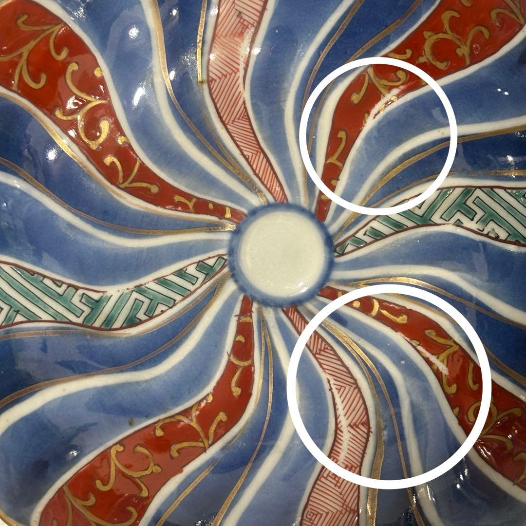 時代色絵伊万里　色鮮やかな染錦祥端捻じり模様なます皿　２点（骨董古伊万里古美術