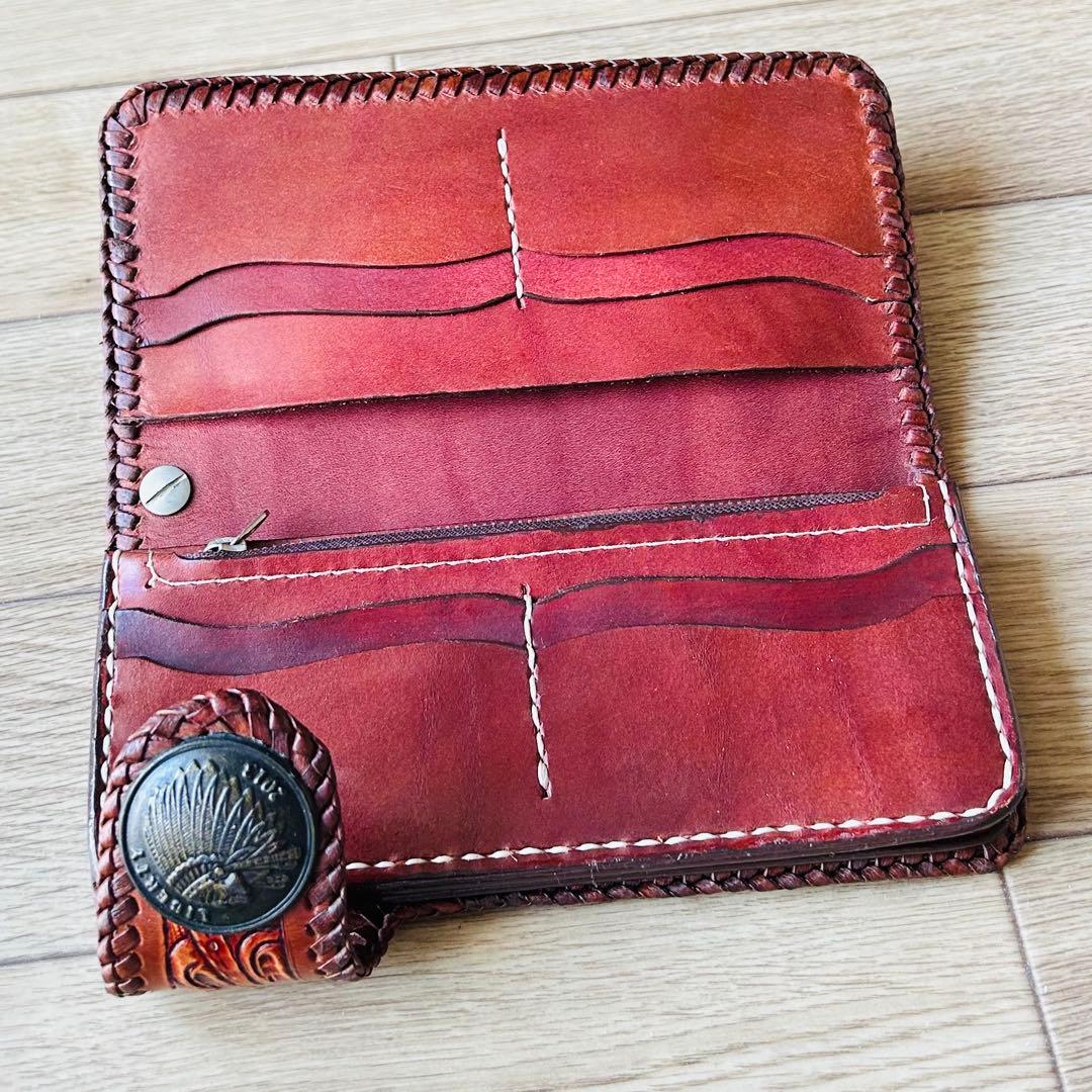 【新品】本革 牛革カービング バイカーズウォレット ハンドメイド メンズ 長財布