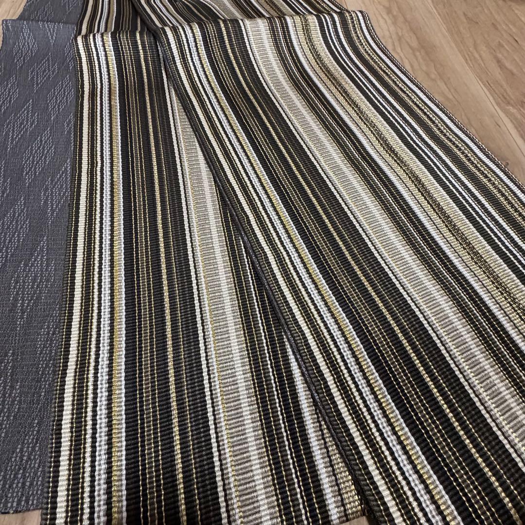 未使用品　正絹　全通　袋帯　着物　448 ひなや　グレー　黒　白　金　組紐