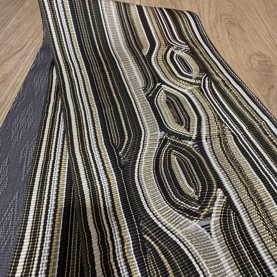 未使用品　正絹　全通　袋帯　着物　448 ひなや　グレー　黒　白　金　組紐