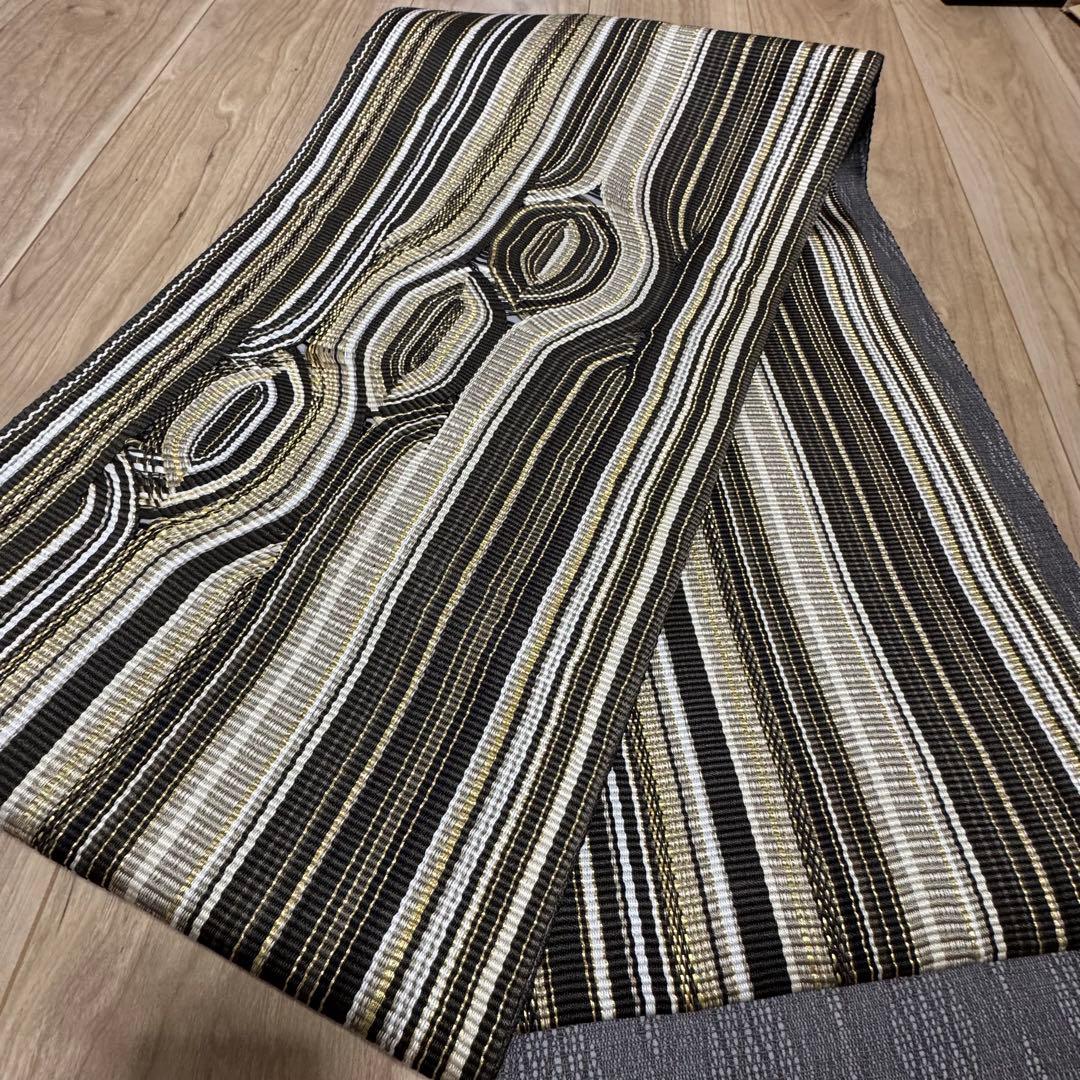 未使用品　正絹　全通　袋帯　着物　448 ひなや　グレー　黒　白　金　組紐