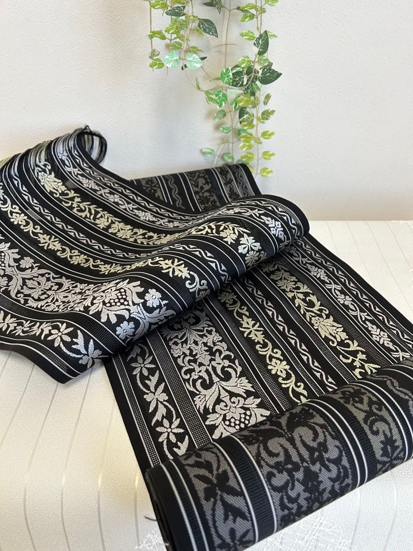 難あり商品 夏帯 黒 博多織 正絹 着物 未仕立て品 紗八寸名古屋帯 金証紙付