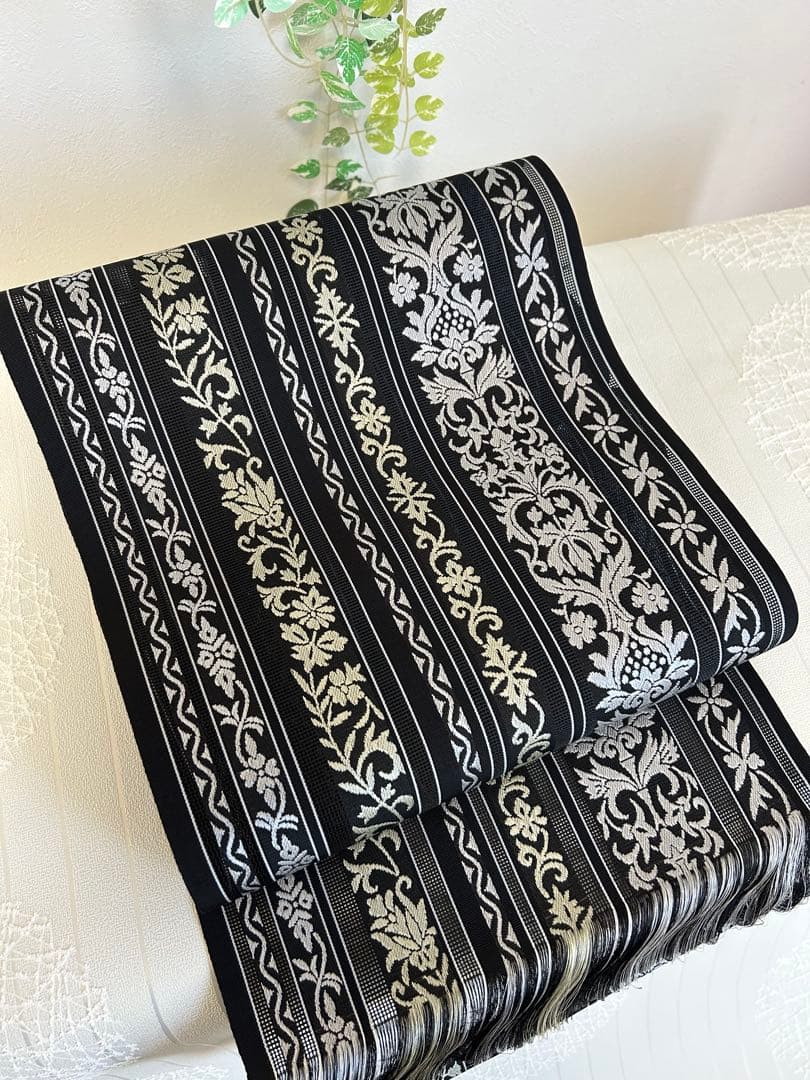 難あり商品 夏帯 黒 博多織 正絹 着物 未仕立て品 紗八寸名古屋帯 金証紙付