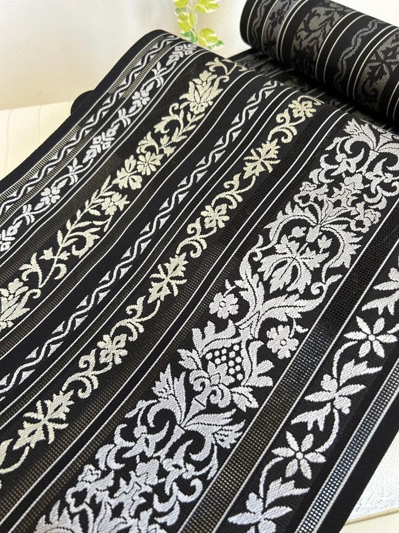 難あり商品 夏帯 黒 博多織 正絹 着物 未仕立て品 紗八寸名古屋帯 金証紙付