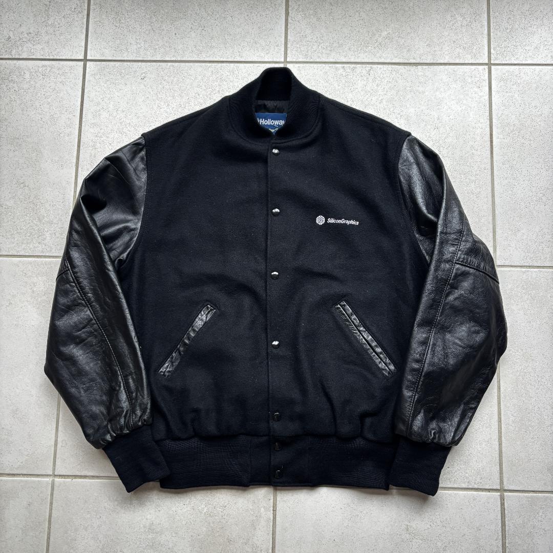 90s USA製 Holloway ブラックカラー レザーウールスタジャン