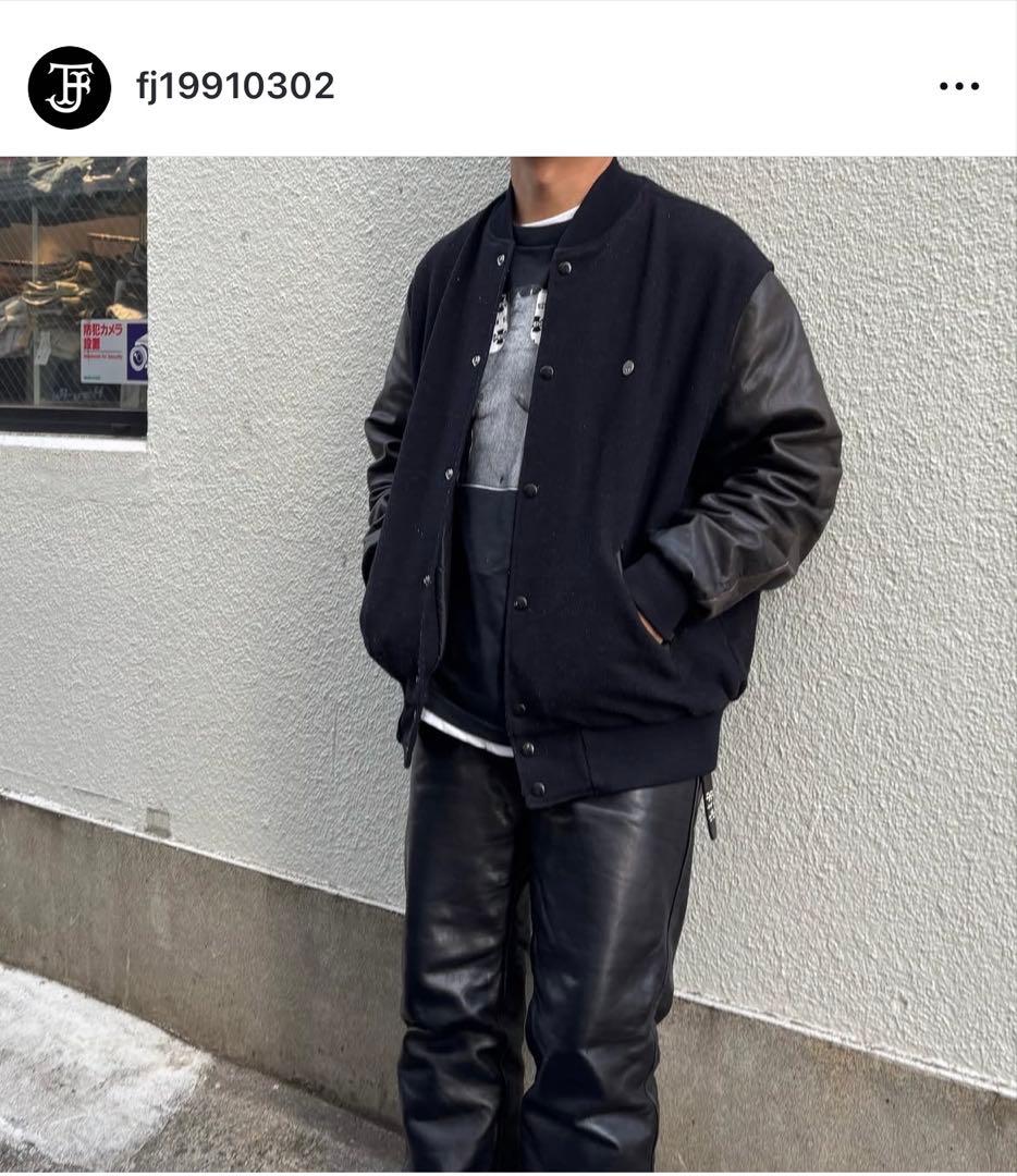 90s USA製 Holloway ブラックカラー レザーウールスタジャン