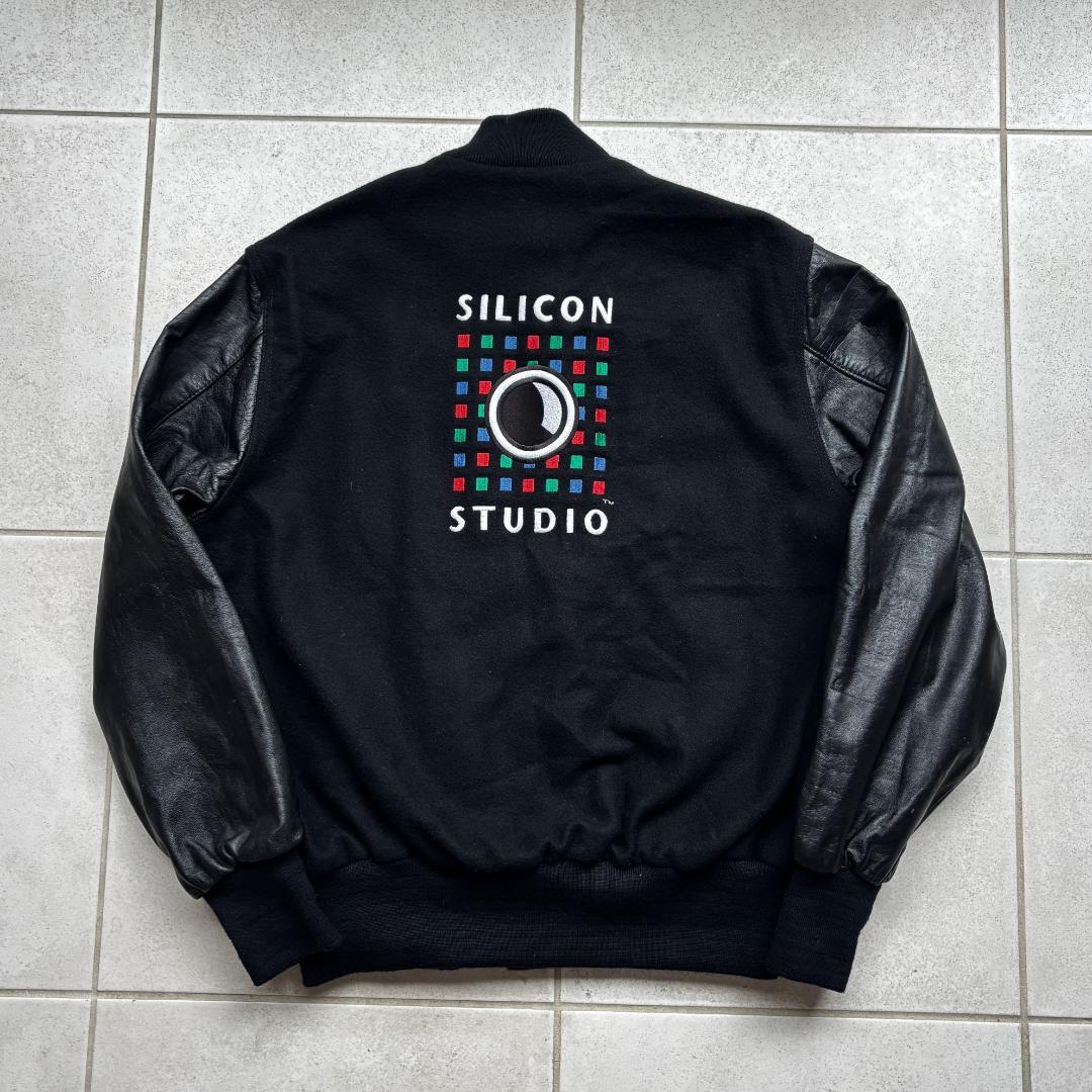 90s USA製 Holloway ブラックカラー レザーウールスタジャン