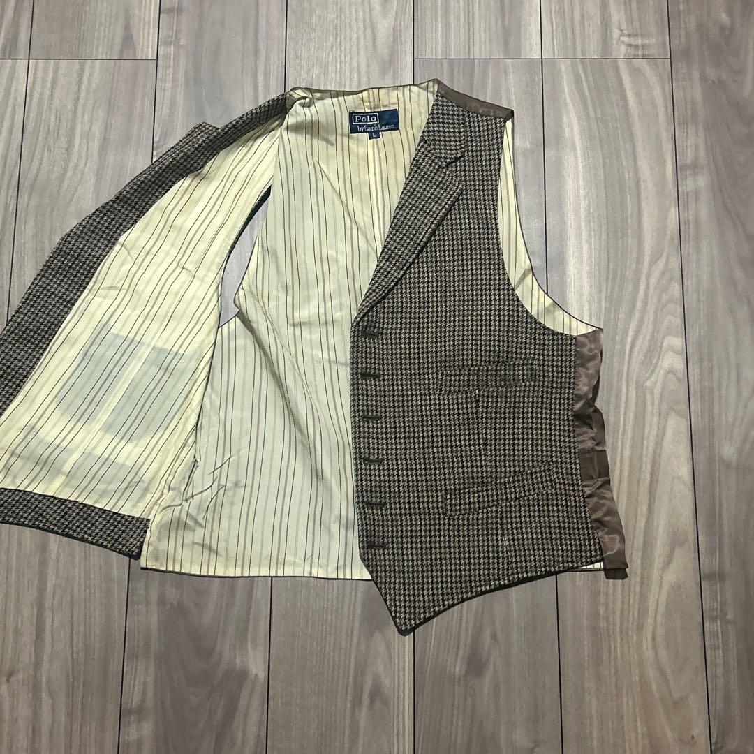 90s ラルフローレン　ツイードベスト　千鳥格子　ウール100 ブラウン　L