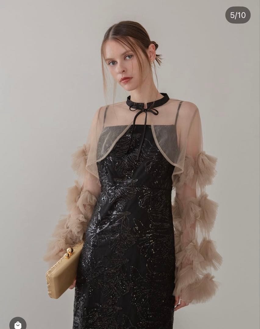 LejaフリルチュールスリーブリボンIラインワンピースドレスS