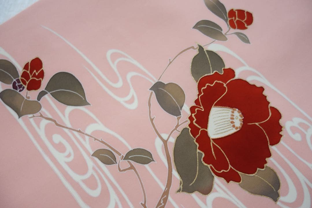 塩瀬　名古屋帯　正絹　流水に椿　手描き友禅　金彩