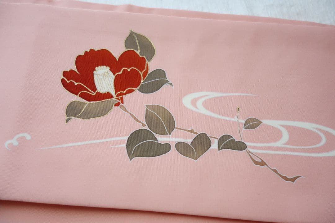 塩瀬　名古屋帯　正絹　流水に椿　手描き友禅　金彩