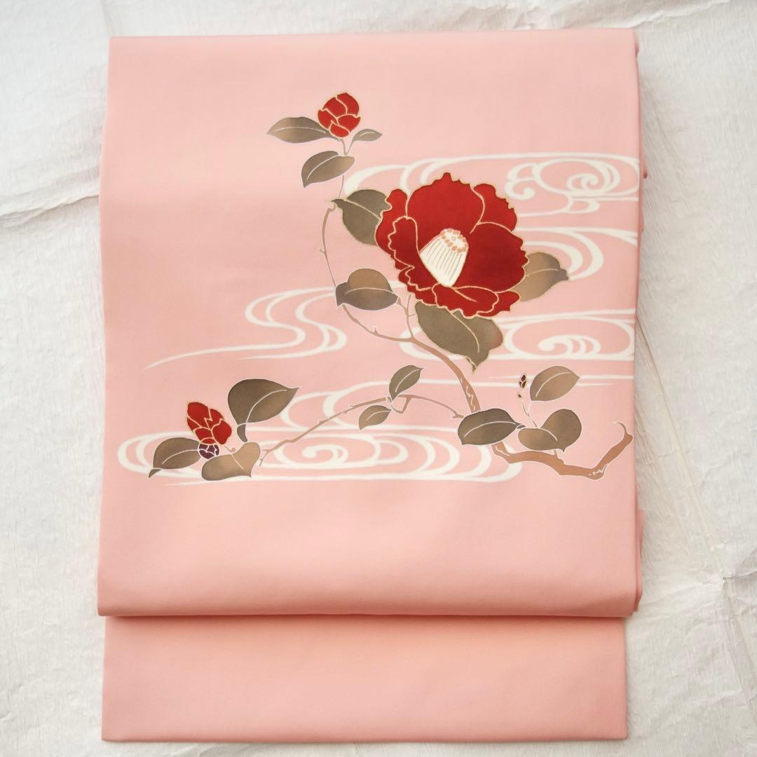 塩瀬　名古屋帯　正絹　流水に椿　手描き友禅　金彩