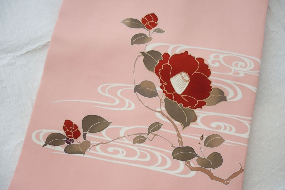 塩瀬　名古屋帯　正絹　流水に椿　手描き友禅　金彩