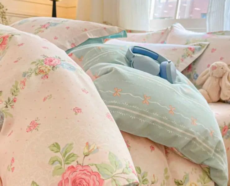 新品★薔薇水玉リボンロマンチック満載♡綿100%シングルカバーセット枕カバー２枚