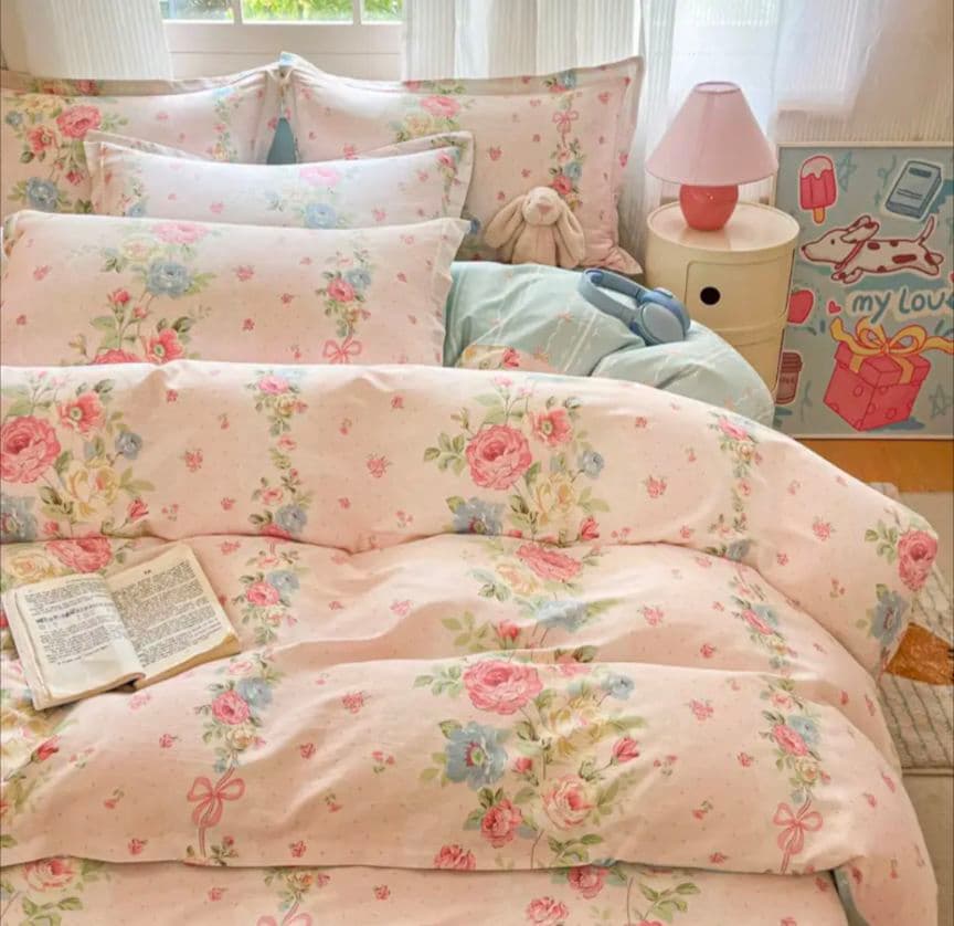 新品★薔薇水玉リボンロマンチック満載♡綿100%シングルカバーセット枕カバー２枚