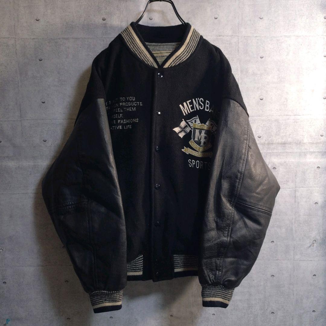BA-TSU★バツ アームレザー 総刺繍 メルトン スタジャン 黒 L相当