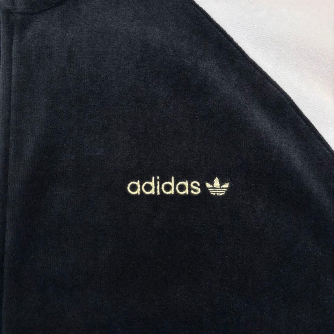 美品✨ アディダス ベロア トラックジャケット 刺繍ロゴ ブラック ホワイト L