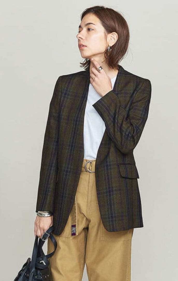 美品 B&Y UNITEDARROWS ソリッド＆チェックカラーレスジャケット