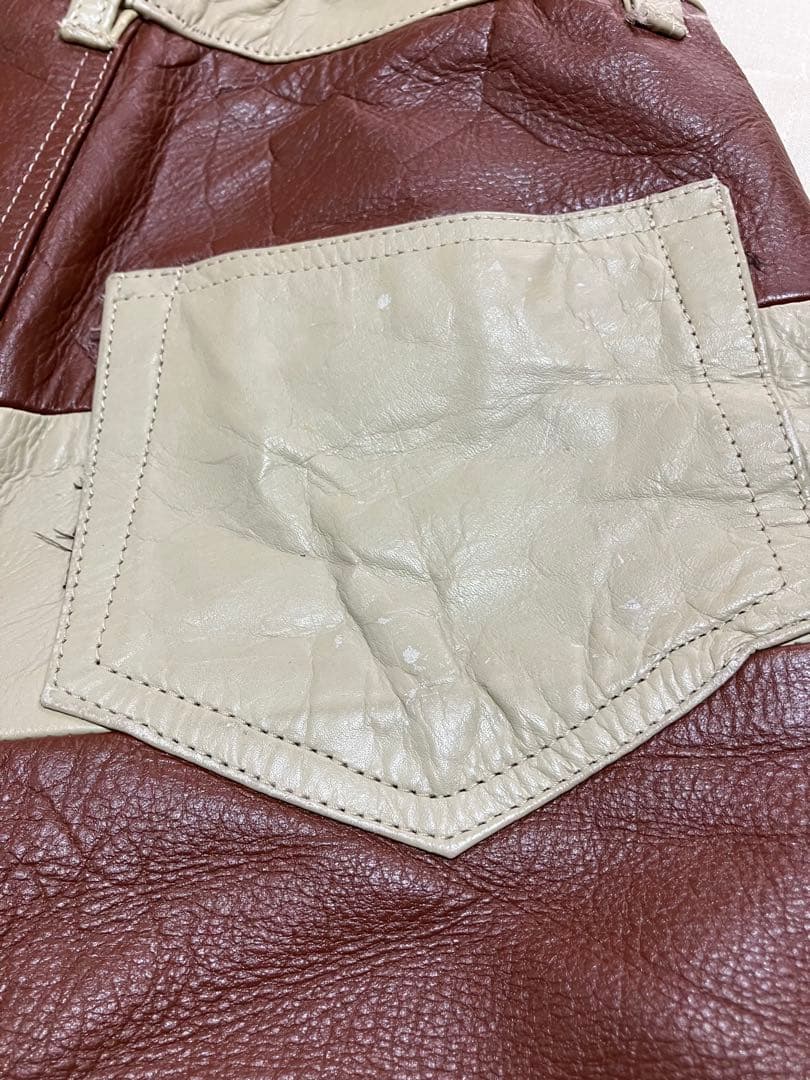 DEAD STREAM 本革 プリズナーハーフパンツ Lサイズ 茶色xベージュ