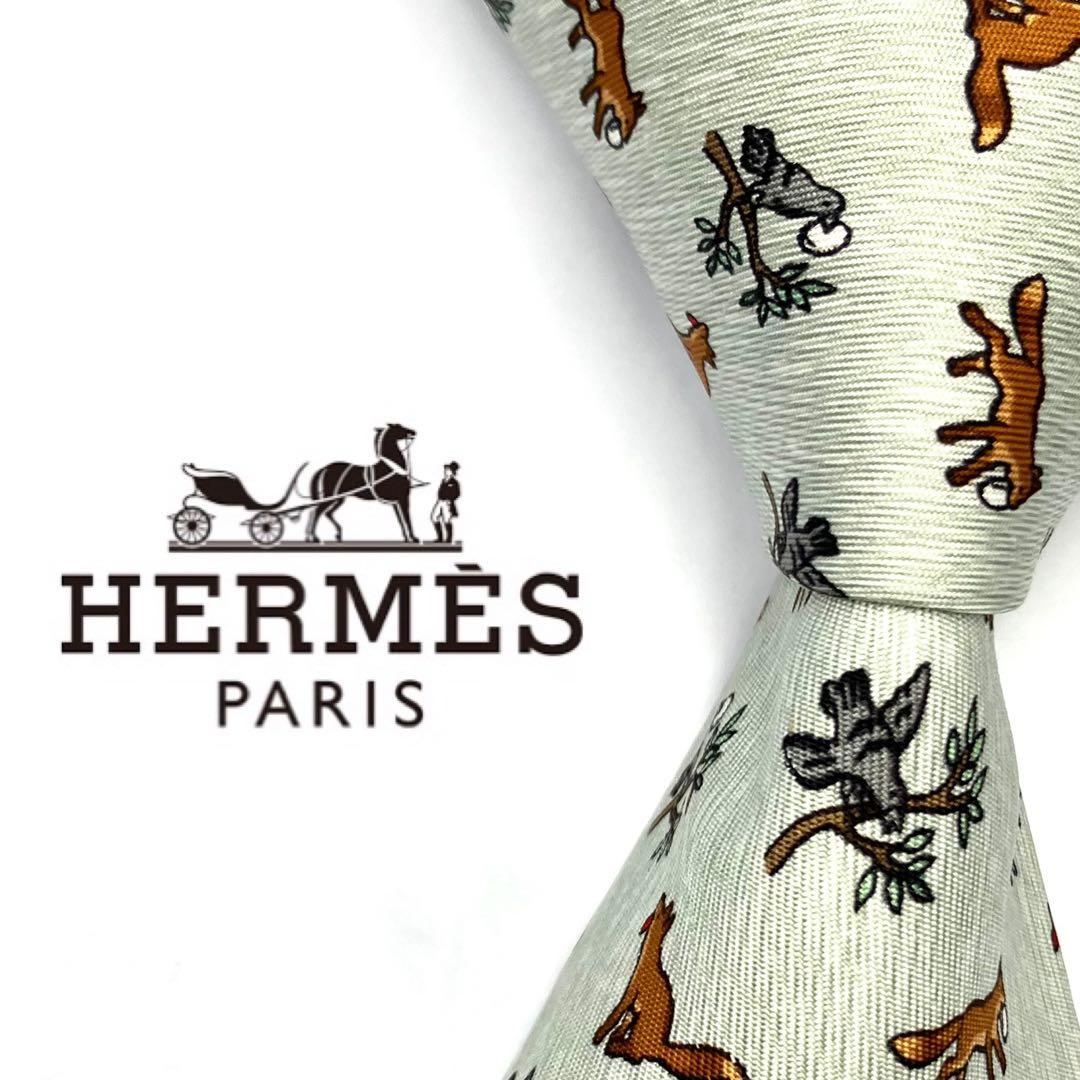◆良品◆HERMES エルメス ネクタイ 水色 アニマル柄 オシャレ