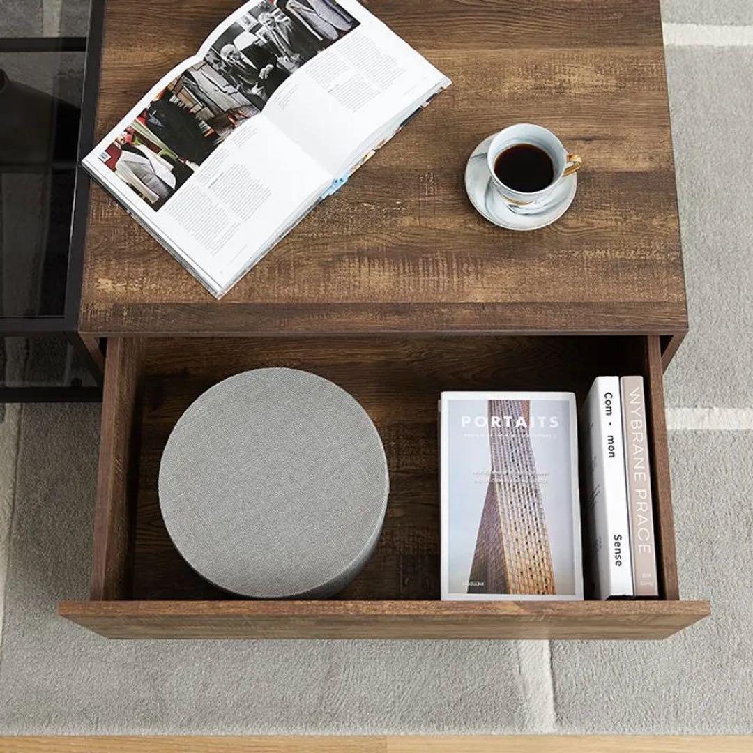 LOWYA ロウヤ 収納引き出し付きローテーブル 木目×ガラス 幅120cm