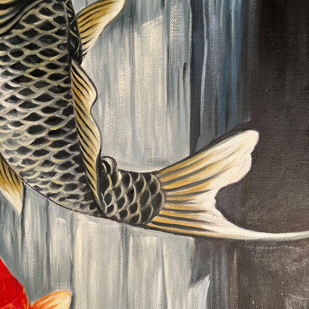 手描き油絵 鯉の滝登り 額付 絵画 インテリア 油彩画 金運 開運