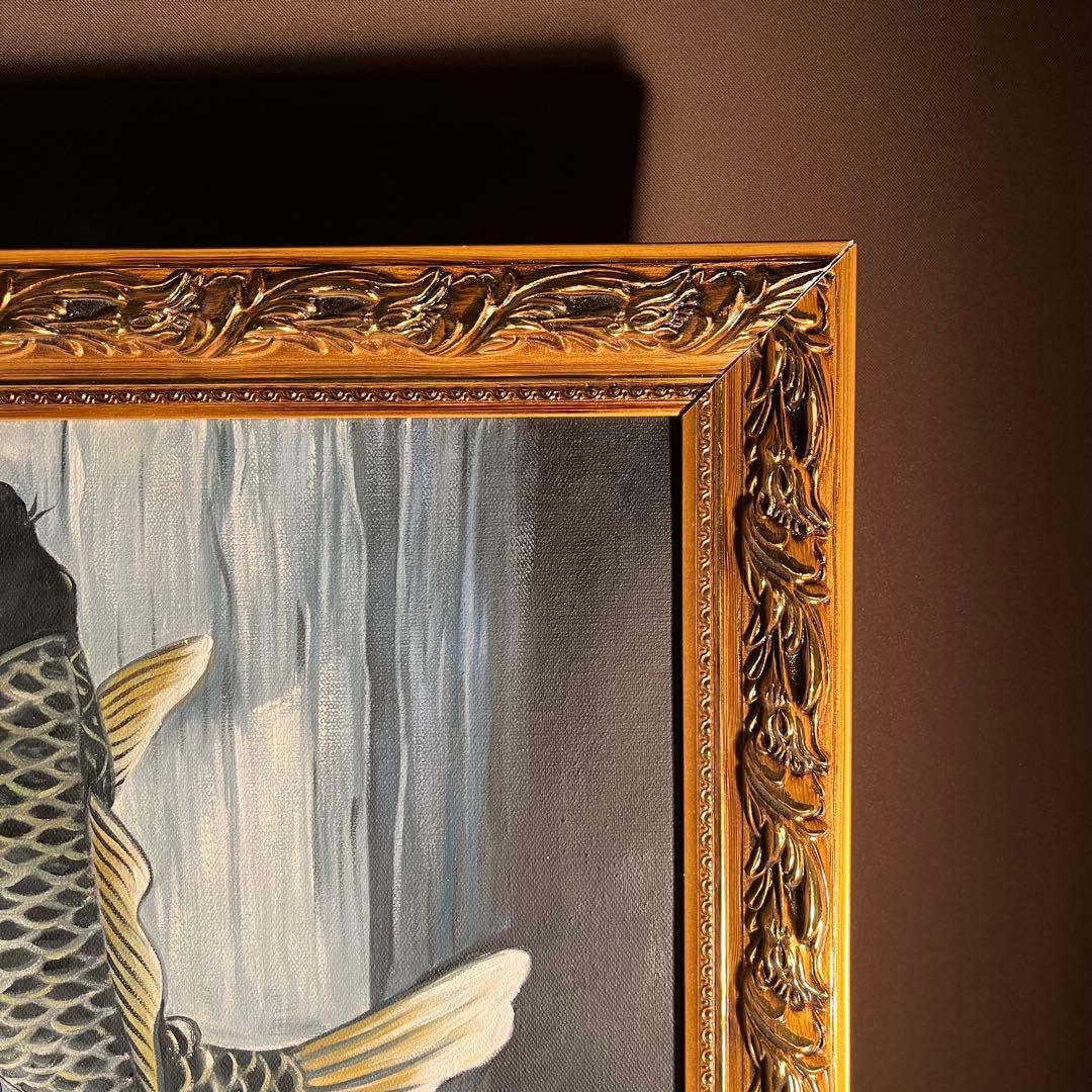 手描き油絵 鯉の滝登り 額付 絵画 インテリア 油彩画 金運 開運