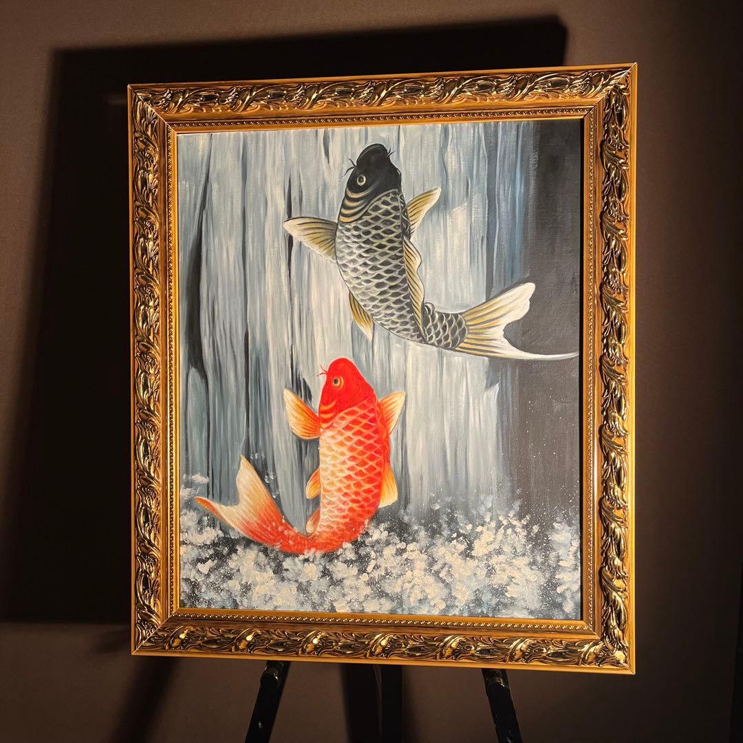 手描き油絵 鯉の滝登り 額付 絵画 インテリア 油彩画 金運 開運