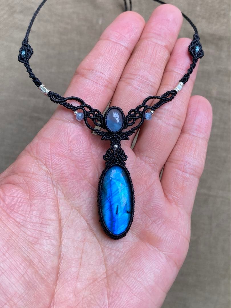 ラブラドライト　アクアマリン　マクラメネックレス