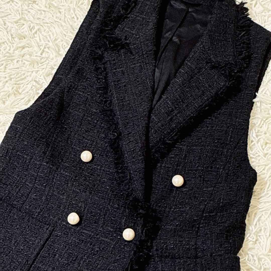 【美品】✨ アナイ チェック ツイード フリンジ ジレ パール 黒 34