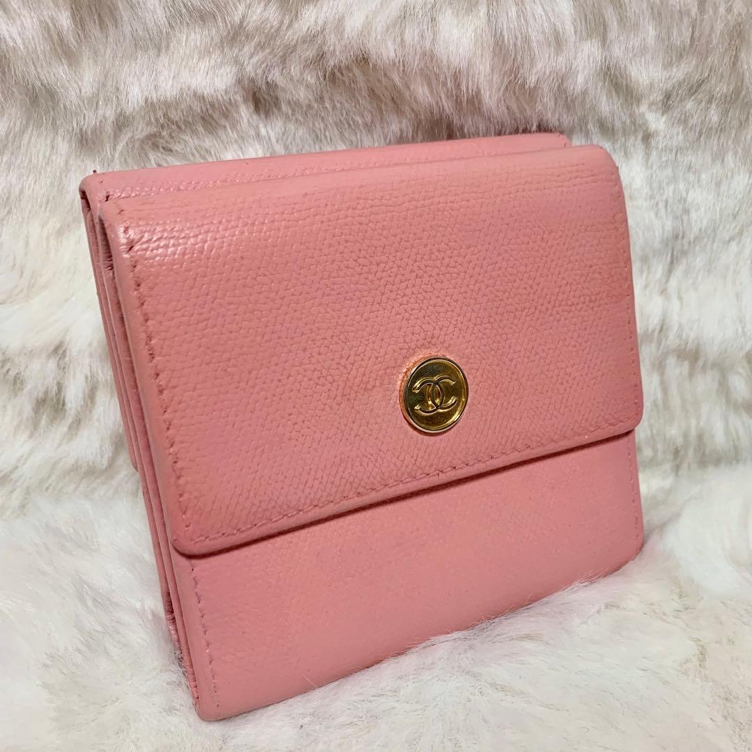 CHANEL 三つ折り ミニ 財布 ココボタン ピンク　レザー ケース