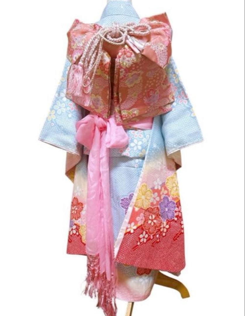 正絹　七五三　7歳　水色　ピンク　女の子　フルセット　一式