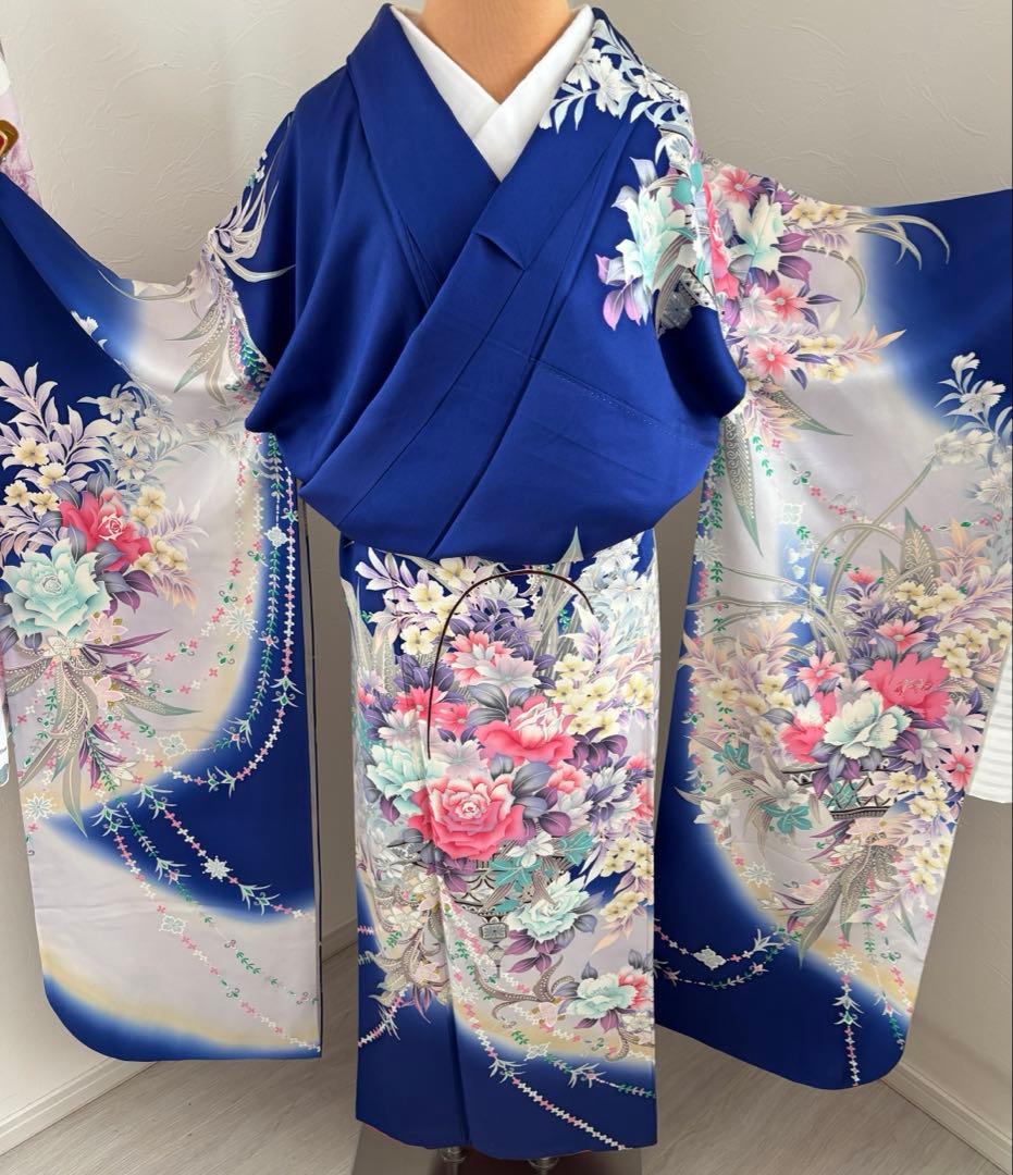 美品　豪華振袖フルセット　薔薇　ブルー　青色　パール帯締め付き　成人式
