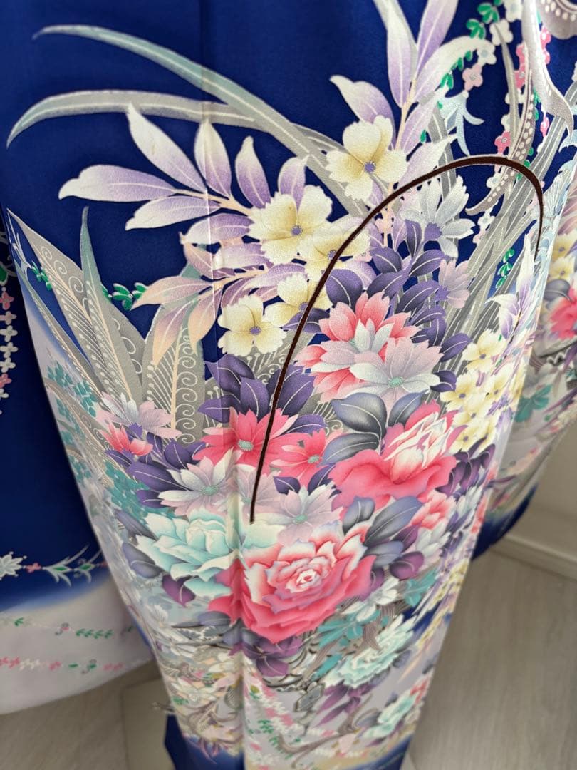 美品　豪華振袖フルセット　薔薇　ブルー　青色　パール帯締め付き　成人式