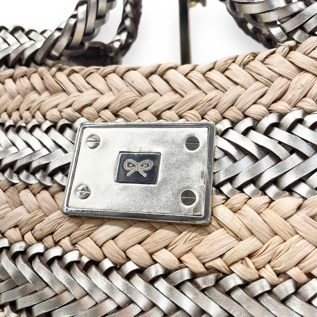 美品■アニヤハインドマーチ　かごバッグ　シルバー　リボン　レザープレート