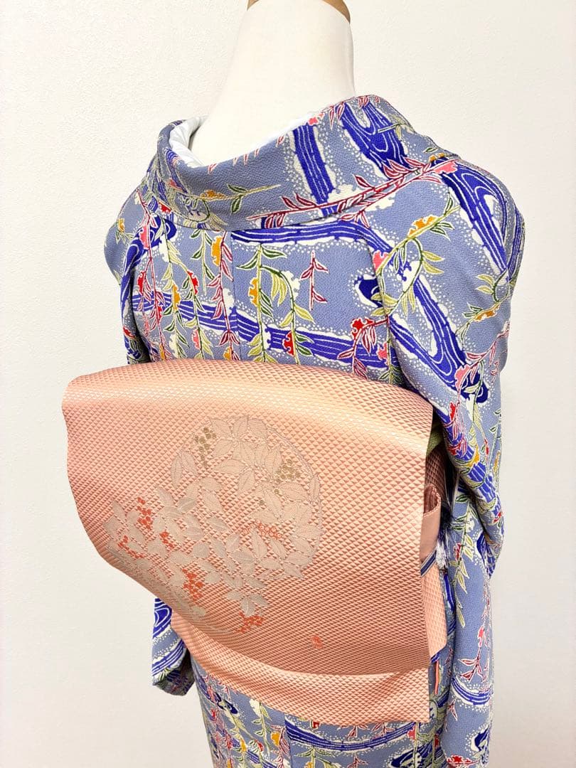 セット　小紋雪持ち柳と流水＋名古屋帯紅白南天