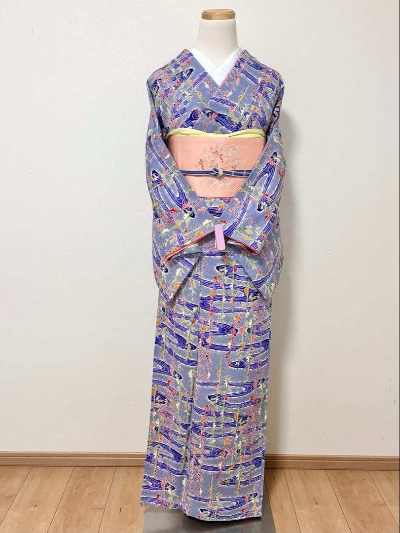 セット　小紋雪持ち柳と流水＋名古屋帯紅白南天